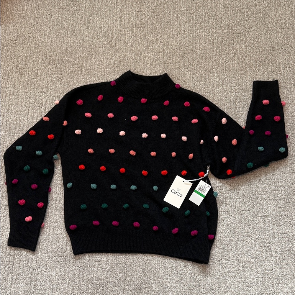 CeCe Black Cowlneck Sweater with Multicolor Pom-Poms
